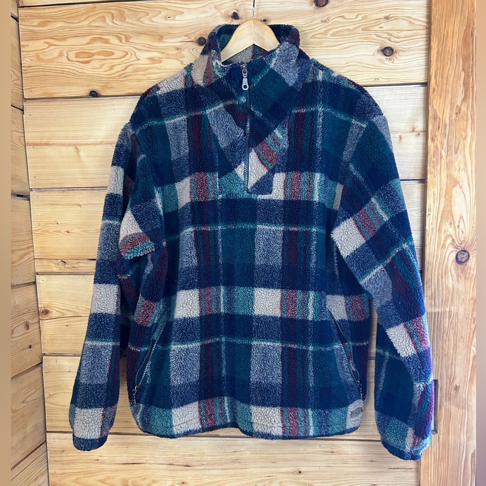 Vintage Green Plaid Quarter Zip Fleece Jacket Mens Large BaLance